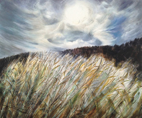 "Windbewegtes Schilfgras und Kiefernwälder" - Acryl auf Leinwand, 100 x 120 cm - Heidemarie Franz ©