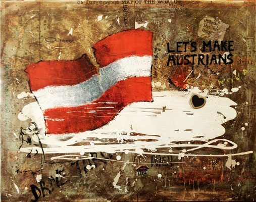 "let's make austrians", oil on world map on canvas, 90x115 cm