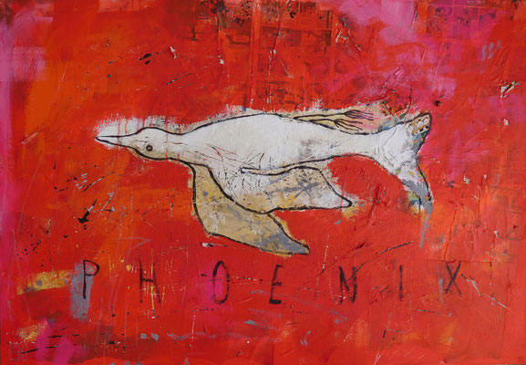 phoenix 2016, acrylic, crayons, paper on canvas, 80x110 cm
