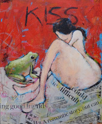 kiss 2017, acrylic, newspaper on canvas, 30x24x4 cm