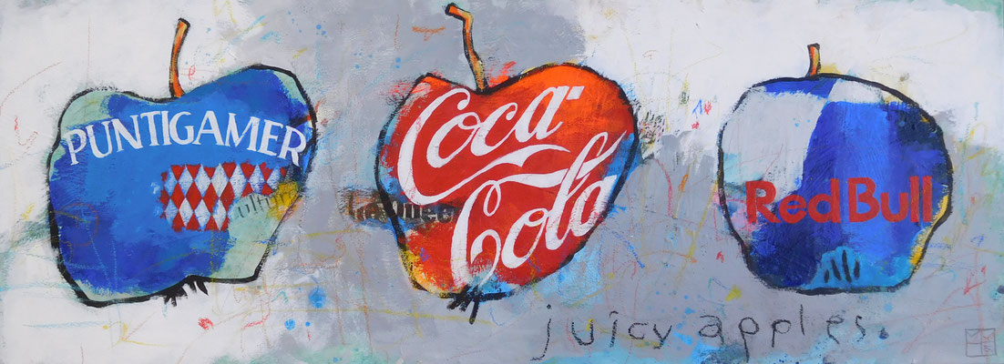 juicy apples, 2016, 45x145 cm, acrylic, crayons, paper on canvas