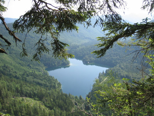 Blick vom Schafalm-Unterstand zum Hinteren Langbathsee