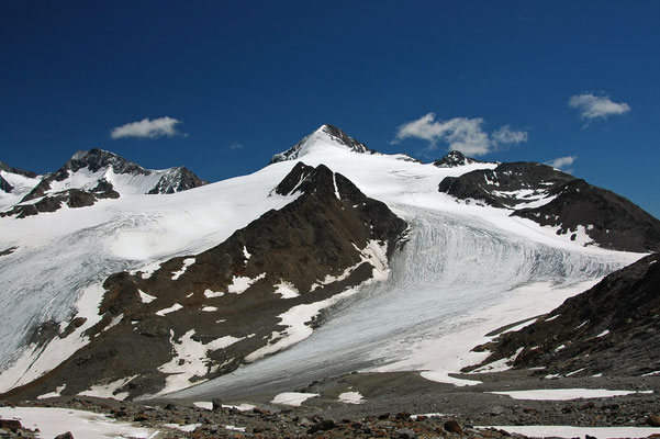 Blick von der Similaunhütte zum Similaun rechts und links Marzellspitze