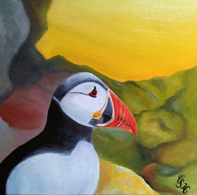 Mein Freund der Papageientaucher, Öl auf Leinwand, 40x40 cm, 2026 