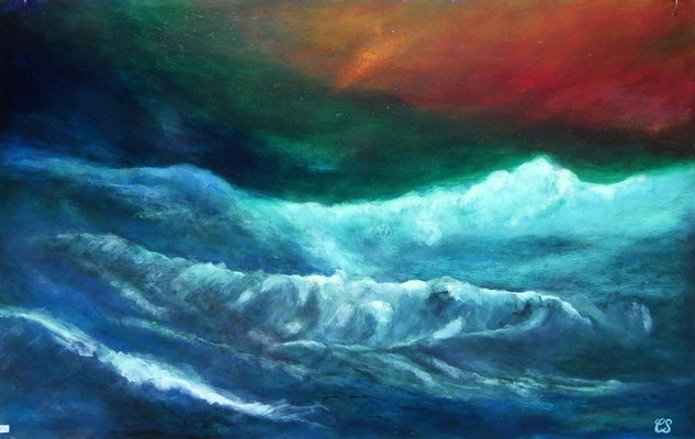 Stormy Sea, Acryl, Aquarylic und Acryltusche auf Acrylplatte, 50x80 cm, 2024