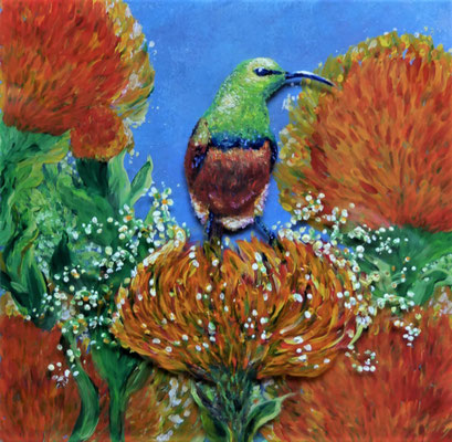 Kolibri, Acryl auf Acrylplatten (3D), 20x20 cm, 2020 