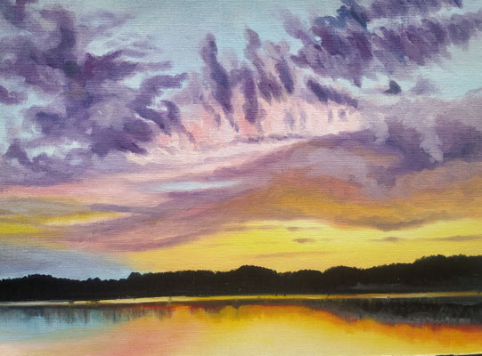 Pinkfarbener Abend am See, Öl auf Leinenpapier, 24x32 cm, 2025