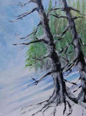 Frühlingsbäume im Gebirge, Tusche auf Büttenpapier, 32x24 cm, 2023