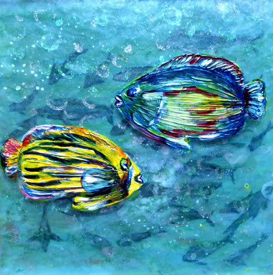 Korallenfischchen, Acryl auf Acrylplatten (3D), 20x20 cm, 2017