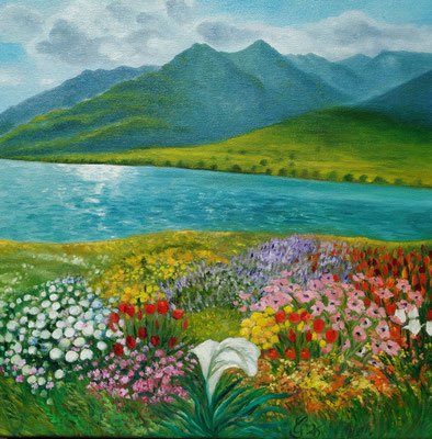 Garten am See, Öl auf Leinwand, 40x40 cm, 2026
