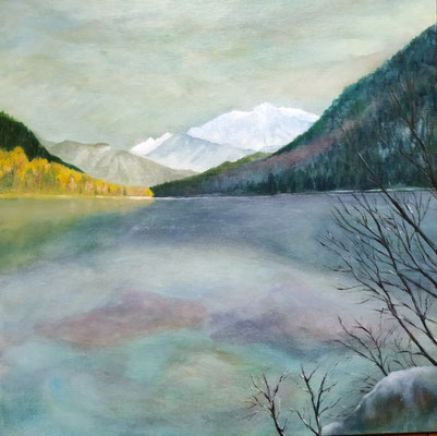 Am See, Öl auf Karton, 50x50 cm, 2025