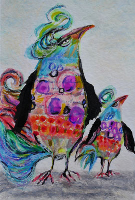 Die eingebildeten Hühner, Aquarellfarbe auf Büttenpapier, Collage, 2021