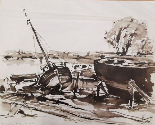 "Finkenwerder Werft" 14.11.1961", 38 x 47 cm, Tusche, Litographie auf Büttenpapier, nummeriert, limitiert und handsigniert, 250,-€