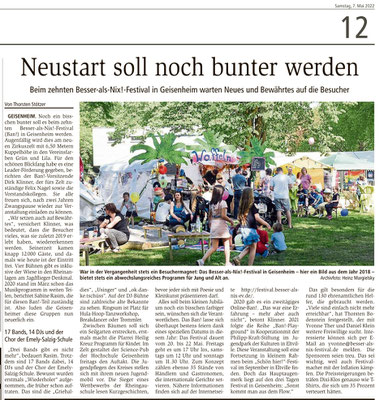 7. Mai 2022: Erwähnung Kooperation  mit dem Besser-als-Nix-Festival - Wiesbadener Kurier