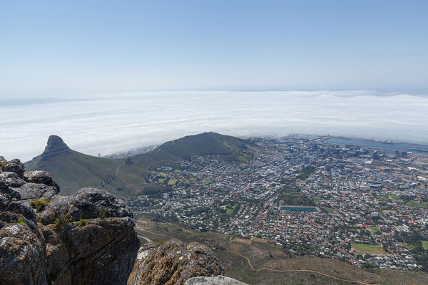 19.10. Table Mountain: Blick auf die Innenstadt und die Waterfront; die Wolken wandern rasend schnell.