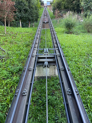 Dann fahren wir mit der Bahn zur Burg hinauf. 