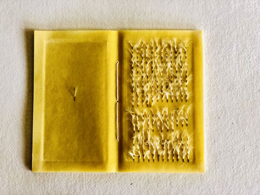 Buch 09 _ Bienenwachs/Reispapier/Faden/Pestwurz-Fruchtstände, 20 x 17,5 x 2 cm, 2020