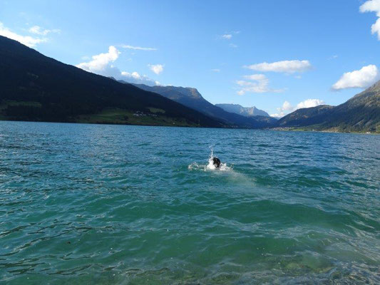 Erfrischendes Bad im Reschensee