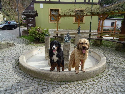 Die Plastiken in diesem Springbrunnen stellen die Namen der markanten Felsen um Rathen dar