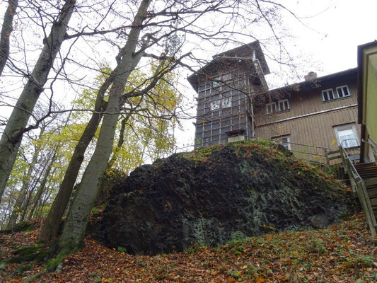 Unterhalb des Aussichtsturms auf dem Großen Winterberg sind die Basalt-Orgelpfeifen noch sehr deutlich zu erkennen.