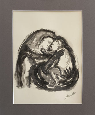 Maria mit Kind I, 2024, Tusche auf Papier, gerahmt 30 x 24 cm