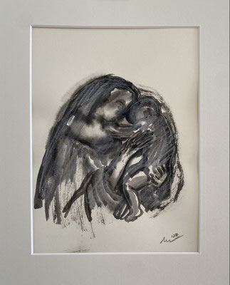 Maria mit Kind II, 2024, Tusche auf Papier, gerahmt 30 x 24 cm