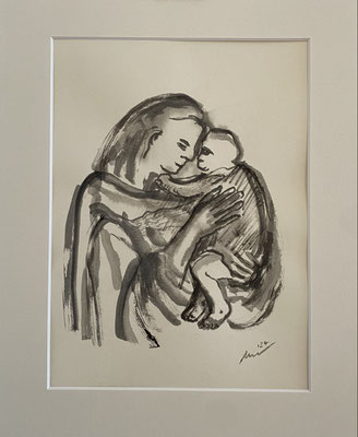 Maria mit Kind VI, 2024, Tusche auf Papier, gerahmt 30 x 24 cm