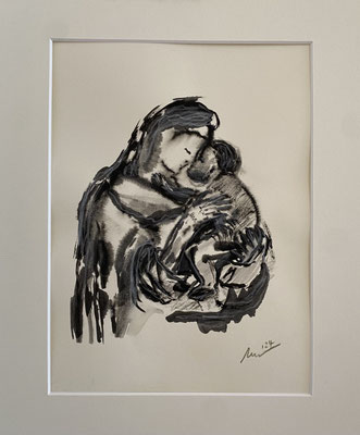 Maria mit Kind IV, 2024, Tusche auf Papier, gerahmt 30 x 24 cm