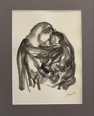 Maria mit Kind III, 2024, Tusche auf Papier, gerahmt 30 x 24 cm