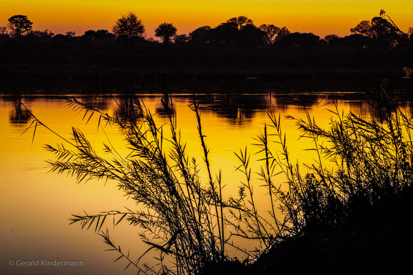 Sonnenaufgang am Cubango in Norden Namibias