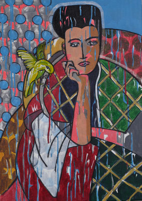 Warten mit gelbem Vogel | 70x50 | 2023