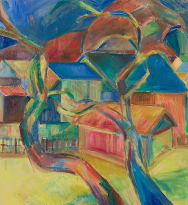 Karin Zorn 2002, Gehöft in Altaussee, Öl /Leinwand, 70 x 65 cm, VERKAUFT