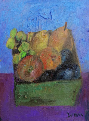 Karin Zorn 2024, Früchte im Korb, Öl auf Maltuch, 41 x 30 cm, WV 731