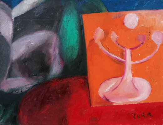 Karin Zorn 2022, Stillleben mit Zweig, Öl auf Maltuch, 46 x 60 cm, WV 700