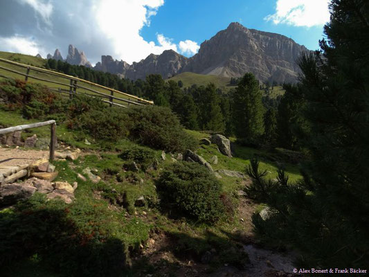Südtirol 2016, Wanderung Grödner Höhenweg, Blick vom Cuecenatal zur Seceda