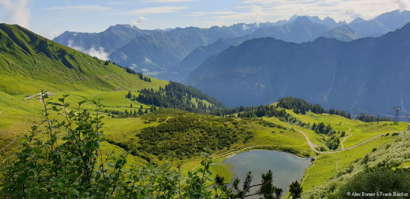 Oberstdorf 2020, Blick über den Schlappoldsee auf Allgäuer Alpen vom Nebelhorn bis zum Hochvogel
