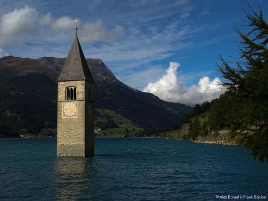 Südtirol 2016, Reschensee, Kirchturm von Alt-Graun