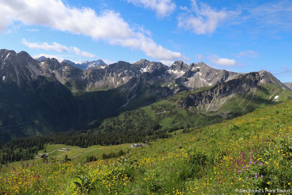 Oberstdorf 2020, Blick vom Fellhorn auf Allgäuer Alpen von Biberkopf bis Walser Hammerspitze