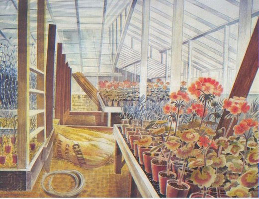 Eric Ravilious: Geraniums and carnations in the greenhouse