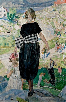 Carl Wilhelmson: girls with a dog (?)