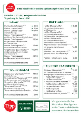 Speise- und Getränkekarte Kirchheimer Hirschgarten Sommer 2026