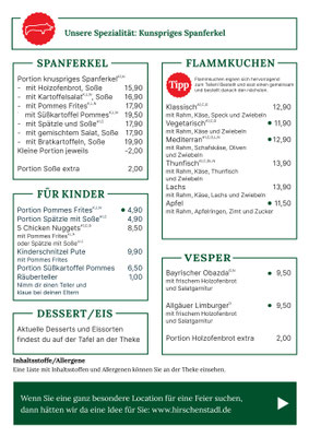 Speise- und Getränkekarte Kirchheimer Hirschgarten Sommer 2026