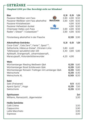 Speise- und Getränkekarte Kirchheimer Hirschgarten Sommer 2026