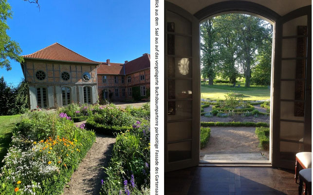 Blick auf Ostflügel und aus dem Gartensaal hinaus