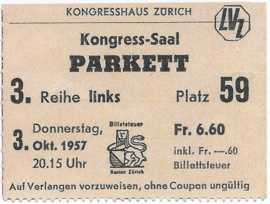 Sidney Bechet - Konzert im Kongresshaus Zürich am Donnerstag 3. Oktober 1957. Organisator: LEBENSMITTELVEREIN ZÜRICH