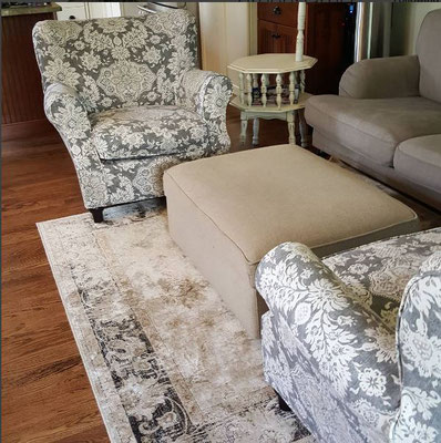 Slipcovered chairs using Magnolia home collection fabric