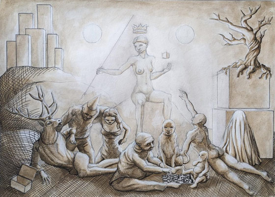 L'épée sort des singes, 2018, stylo, pinceau et encre sur papier, rehauts de blanc, 30 x 42 cm