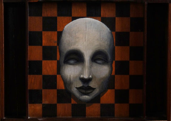 Apparition (II), 2013, acrylique sur échiquier en bois, 38 x 52 cm