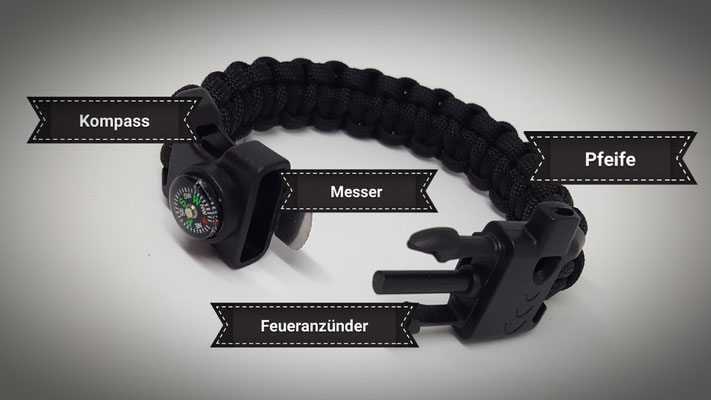 Paracordschnur, Verschluss mit Pfeife, Feuerstein und Kompass.