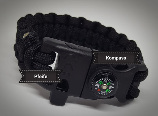 Paracordschnur, Verschlus mit Pfeife, Feuerstein und Kompass.